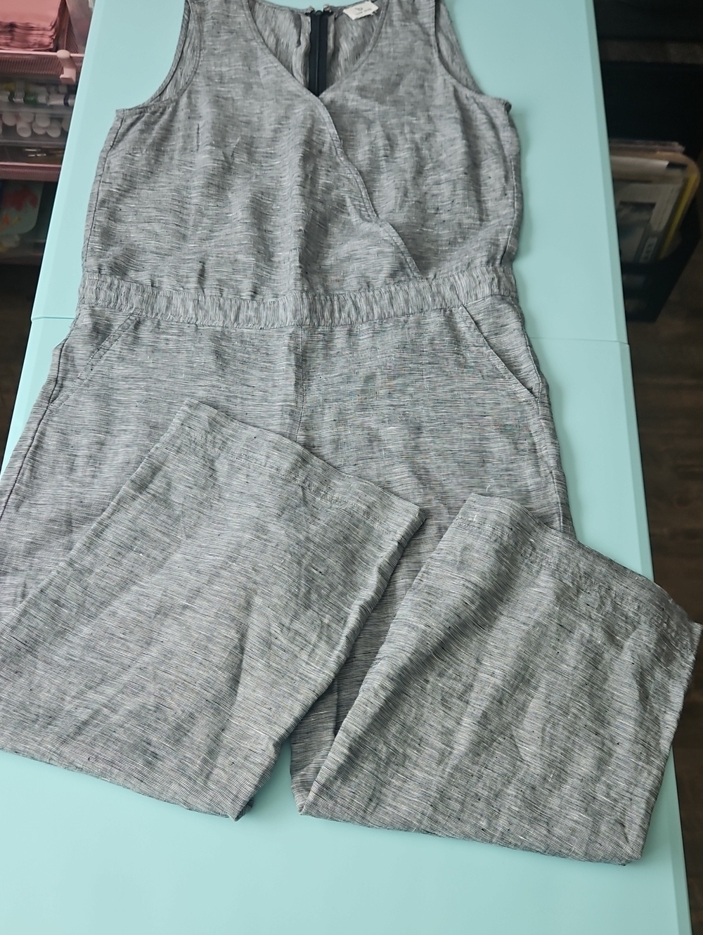 B New York Gray GAUZY Linen Jumpsuit Wide Leg Splice Neck Size LARGE Sleeveless